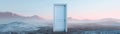 Minimalist white door opening to fantasy terrain dreamlike mountains