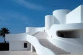 Minimalist white facade of a modern building with elegant curved stair. Generative AI Royalty Free Stock Photo