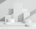 Minimalist White Geometric Pedestals and Rectangular Blocks with Dramatic Shadows display podium Royalty Free Stock Photo