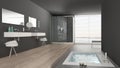 Minimalist white and gray bathroom with bath tub and panoramic Royalty Free Stock Photo