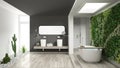 Minimalist white and gray bathroom with vertical and succulent g Royalty Free Stock Photo