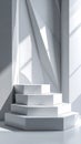 Minimalist White Pedestal Display with Geometric Wall and Sunlight Royalty Free Stock Photo