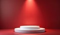 Minimalist white pedestal on vivid red background under spotlight. Empty stage for product or artwork display. Clean studio setup Royalty Free Stock Photo