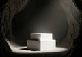 Minimalist white product display on pedestal in mysterious cave setting with dramatic lighting Royalty Free Stock Photo