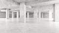 A minimalist white room with concrete walls and floor, featuring a central column and evenly spaced supporting columns. Royalty Free Stock Photo