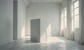 minimalist white room features large white rectangular object, natural light, and window with white curtains. Royalty Free Stock Photo