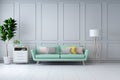 Minimalist white room interior design,green sofa with plant on white wall /3d render Royalty Free Stock Photo