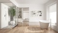 Minimalist white scandinavian bathroom with walk-in closet, classic scandinavian interior design