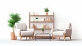 Minimalist White Sitting Room With Bookshelf And Tropical Accents Royalty Free Stock Photo