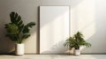 Minimalist White Wall With Frame And Plants Mockup