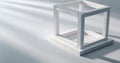 Minimalist white wooden cube frame casting soft shadows on a smooth surface with natural light and subtle gradient background Royalty Free Stock Photo