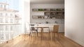 Minimalist white and wooden kitchen with dining table and big panoramic window. City, old town panorama in the background. Eco hou Royalty Free Stock Photo