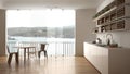 Minimalist white and wooden kitchen with dining table and big panoramic window. Sea and granite rock panorama