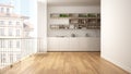 Minimalist white and wooden kitchen with parquet floor and big panoramic window. City, old town panorama in the background. Eco ho