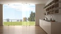 Minimalist white and wooden kitchen with parquet floor and big panoramic window. Meadow with green grass, trees and blue sky Royalty Free Stock Photo