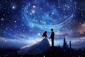 A stunning couple standing & holding hands beneath a magical blue abstract fantasy night sky with sparkling stars. AI generated.