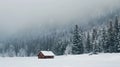Lonely Cabin Surrounded by Snow and Pine Forest in Minimalist Winter Landscape Composition Royalty Free Stock Photo