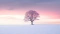 Minimalist winter scene: A solitary pink tree in a clean landscape