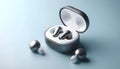 Minimalist wireless earphones with charging case on light blue background, tech accessory mockup Royalty Free Stock Photo