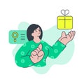 Minimalist woman customer choosing gift at website enjoying online shopping vector flat illustration