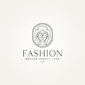 Minimalist woman`s face modern fashion badge line art icon logo template vector illustration design. simple modern style of woman Royalty Free Stock Photo