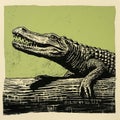 Minimalist Woodblock Print Of Alligator On Log: Vintage Poster Design