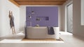 Minimalist wooden bathroom in white and purple tones. Resin floor, freestanding bathtub with towels and decors. Japandi interior Royalty Free Stock Photo