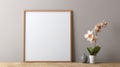 Minimalist Wooden Frame With Orchid On Table - 3d Mock Rendering
