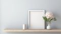 Minimalist Wooden Frame With White Peony Bouquet On Shelf