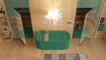 Minimalist wooden spa room in turquoise tones, bathroom, wellness center, bathtub, sauna room with glass doors, rack , towels, Royalty Free Stock Photo