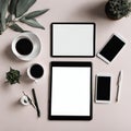 Flatlay of minimalist work desk with tablet and pens - 1