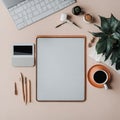 Flatlay of minimalist work desk with tablet and pens - 1