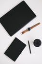 Workspace background with laptop, coffee, pen and notebook. Working, business, freelance concept. Copyspace, top view, flatlay Royalty Free Stock Photo