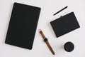 Workspace background with laptop, coffee, pen and notebook. Working, business, freelance concept. Copyspace, top view, flatlay Royalty Free Stock Photo