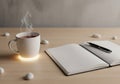 A minimalist workspace features a steaming white mug on a light wood table. Beside it lies an open Royalty Free Stock Photo