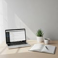 Notebook with handwritten notes and a pen and a white mug on a Royalty Free Stock Photo