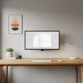 Minimalist workspace featuring a wooden desk with a sleek, mounted Royalty Free Stock Photo