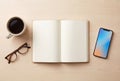Minimalist workspace flat lay with blank notebook, coffee and smartphone, copy space Royalty Free Stock Photo