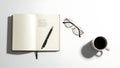 Minimalist Workspace Flat Lay with Notebook, Pen, Glasses, and Coffee Royalty Free Stock Photo