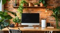 Minimalist Workspace with Greenery and Brick Wall Royalty Free Stock Photo