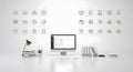Modern Workspace with Computer Display and Desk Accessories on White Surface Royalty Free Stock Photo