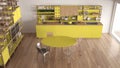 Minimalist yellow and white wooden kitchen, loft with stairs, cl