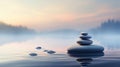 Minimalist Zen garden at dawn, harmonious balance of nature and simplicity, smooth stones in tranquil water Royalty Free Stock Photo