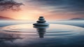 Minimalist Zen garden at dawn, harmonious balance of nature and simplicity, smooth stones in tranquil water Royalty Free Stock Photo