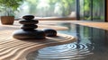 Zen Garden with Stacked Stones and Rippling Water in a Peaceful Setting