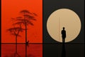 Minimalist zen portraits optical illusion in red and black, backlit fictional landscapes