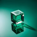 A minimalistic abstract composition featuring a transparent green glass cube placed on a matching green background. Royalty Free Stock Photo