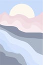 Minimalistic abstract landscape waterfall sun mountains vector Royalty Free Stock Photo