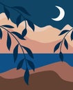 Minimalistic abstract poster. Stylized landscape. Palm branch. Vector. Royalty Free Stock Photo