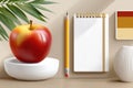 Minimalistic arrangement of apple, pencil, and notebook on beige background Royalty Free Stock Photo